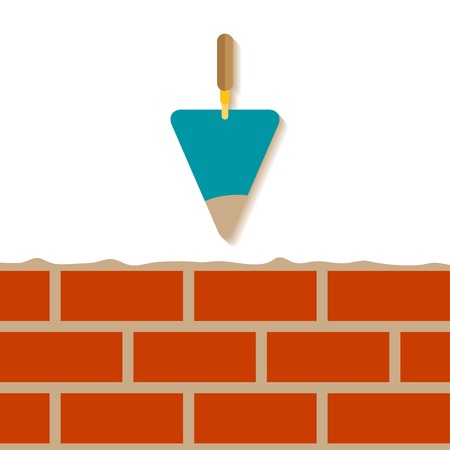 Cement trowel and brick wall isolated on white backgroundのイラスト素材