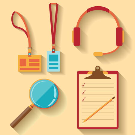 flat design of Badge, Call center icon, magnifier icon, Notebookのイラスト素材