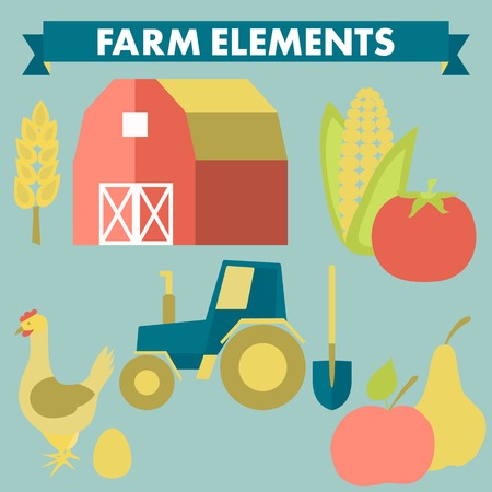 Farm and agriculture icons: spica, tractor, shovel, corn, chicken, egg, tomatoのイラスト素材