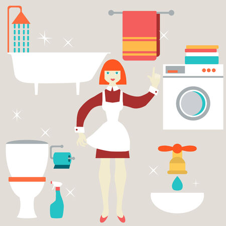 Women doing house work in bathroom.のイラスト素材