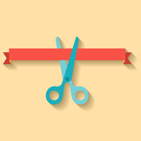 Flat design of scissors cutting red ribbon. Vector illustrationのイラスト素材