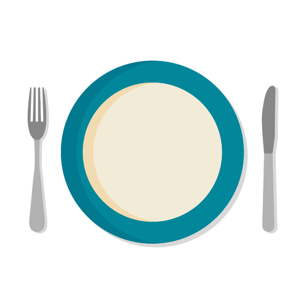 Flat design set with a fork, knife and dinner plate, isolated on a white background.のイラスト素材