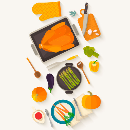 Flat design vertical for Thanksgiving dinner. Typical festive dinner: roast turkey, cranberry sauce, pumpkin, vegetables. It can be used for menus, culinary blog, invitations to dinner.のイラスト素材