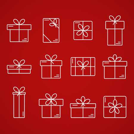 Set of vector  thin line icons of gift boxes isolated on background. Concept for gift wrapping, cards, celebrationsのイラスト素材