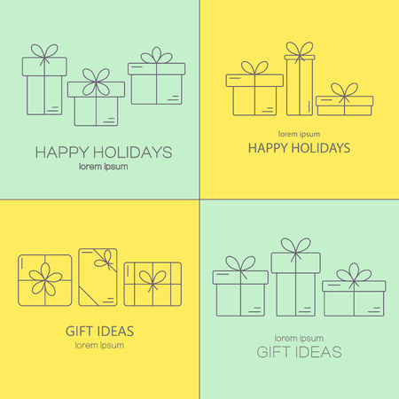 Set of vector banners with thin line icons of gift boxes. Concept for gift wrapping, cards, celebrations logo.のイラスト素材