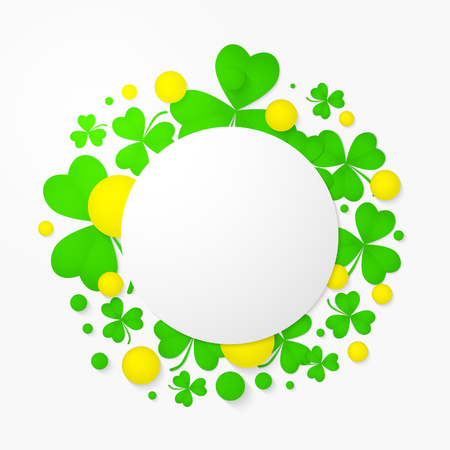 Vector round banner with trefoil and 3d balls. Abstract background for St. Patrick's day party poster design. Template of invitation, flyer, poster or greeting card.のイラスト素材