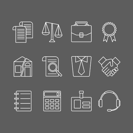 Vector set of modern flat line icons for law firm includes blank icons, tariffs, division of property, etc. Juridical elements isolated on background.のイラスト素材