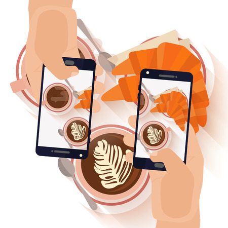 Hands making a smartphone photo of breakfast coffee capuccino and croissant. Modern trend taking pictures of food in restaurants.  Flat design vector illustration.のイラスト素材