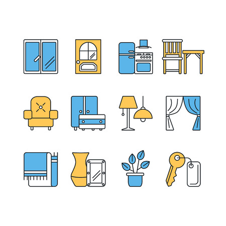 Vector set of modern flat line color icons for interior design website includes furniture, decor elements and light design symbols.のイラスト素材
