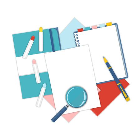 Flat design notepad, paper folder, pen and color sheets of paper isolated on white background with place for text. School vector backgroundの写真素材