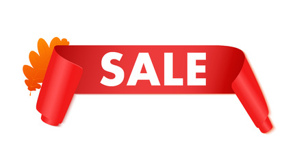 Autumn sale banner isolated on white background. Vector red curved banner with autumn leaves.のイラスト素材