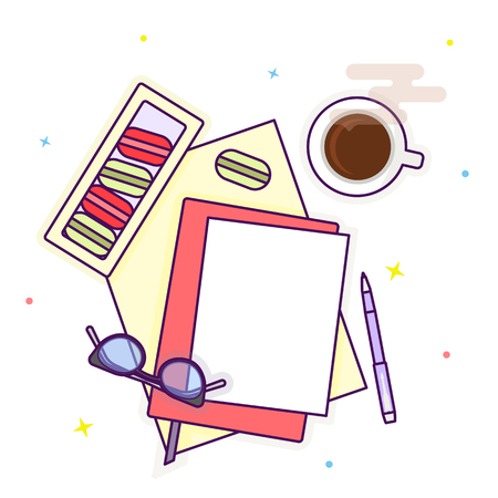 Flat design mockup flat lay, feminine workspace, template for blogger, social media. Vector Illustration.のイラスト素材