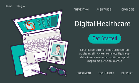 Flat lay with tablet, laptop, glasses, mockup isolated on white top view. Vector illustration. Concept web cover or banner for digital healthcare solutions with electronic devices, medical appsのイラスト素材
