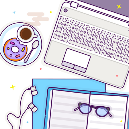 Flat lay with glasses, laptop, open book, headphones, a donut and coffee, mockup isolated on white top view. Vector illustration. Concept web cover or banner for blogger or online educationのイラスト素材