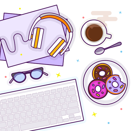 Flat lay with glasses, headphones, keyboard, donuts and coffeeの写真素材