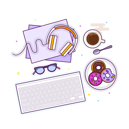 Flat lay with glasses, headphones, keyboard, donuts and coffee, mockup isolated on white top view. Vector illustration. Concept web cover or banner for blogger or online educationのイラスト素材