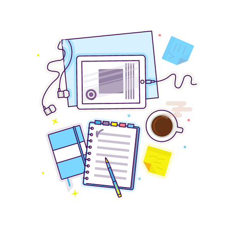 Flat lay with tablet, notebook, headphones and coffee, mockup isolated on white top view. Vector illustration. Concept web cover or banner for blogger or online educationのイラスト素材