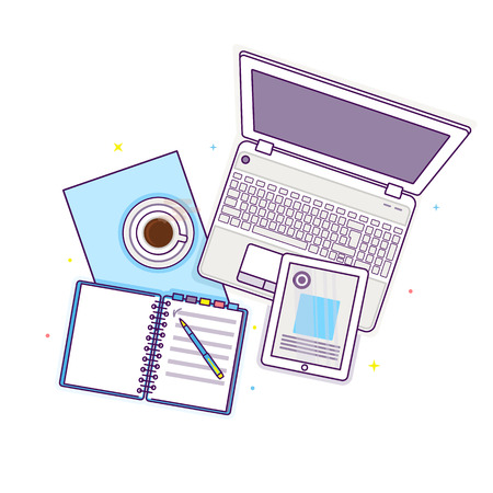 Flat lay with tablet, laptop, open book, notepad and cup of coffee, mockup isolated on white top view. Vector illustration. Concept web cover or banner for blogger or online educationのイラスト素材