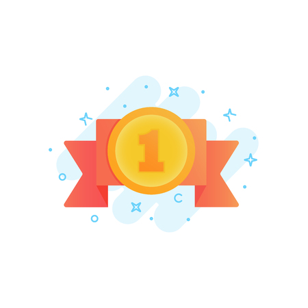 Flat vector icon of red ribbon with gold medal. Awards for winners, champions, leadership. Symbol for logo, label, game, app designのイラスト素材