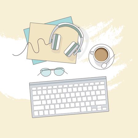 Flat lay with glasses, headphones, keyboard and coffee, mockup isolated on top view. Vector illustration. Concept web cover or banner for blogger or online education.のイラスト素材