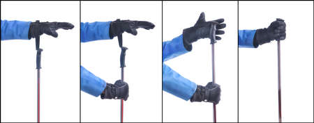Skiier demonstrate how to put on the ski sticks. Step by step instruction.の写真素材