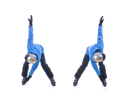 Skiier demonstrate warm up exercise for skiing. The windmill.の写真素材