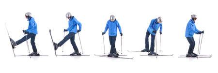 Skiier demonstrate how to turn into the opposite direction. Step by step instruction.の写真素材