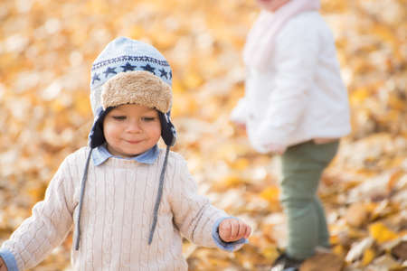 Portrait of beautiful baby boy posing at the park. Autumn season.の写真素材