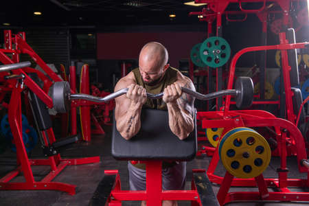 Powerful muscular man doing biceps exercise with barbell on the benchの写真素材