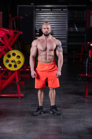 Powerful muscular man posing at the gymの写真素材