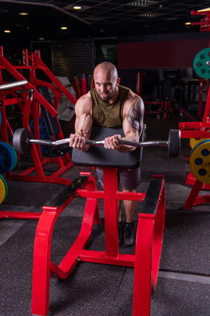 Powerful muscular man doing biceps exercise with barbell on the benchの写真素材