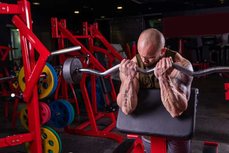 Powerful muscular man doing biceps exercise with barbell on the benchの写真素材