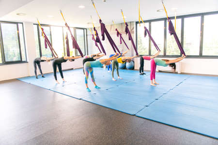 Group of young women and one muscular man making antigravity yoga exercises. Fly fitness. Purple hammockの写真素材