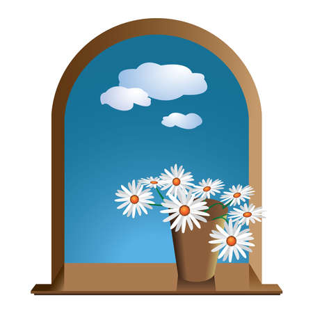 window with flowers daisies and sky with cloudsのイラスト素材