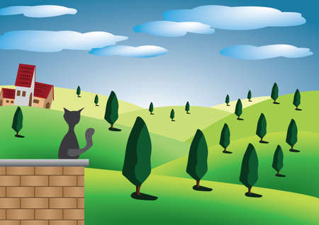 hills with trees and sky with cloudsのイラスト素材