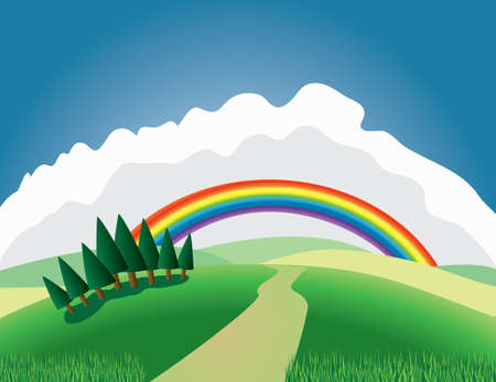 hill with trees and rainbowのイラスト素材