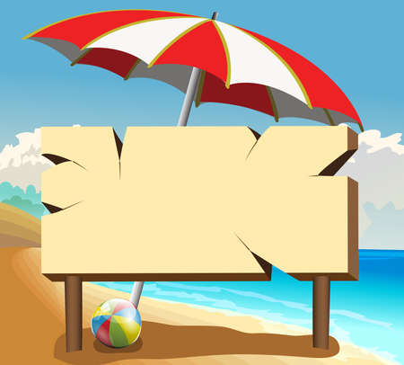 poster board on the beach with ball and umbrellaのイラスト素材