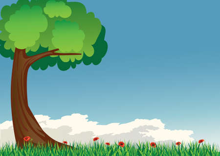 tree with grass and poppiesのイラスト素材