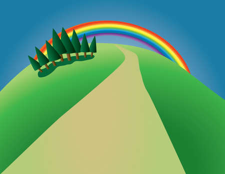 hill with trees and rainbowのイラスト素材