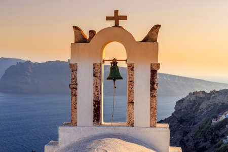 orthodox church bell santorini greeceの写真素材