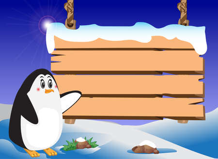 penguin and signboard on the snowのイラスト素材