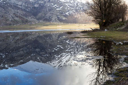view of frozen mountain lake in matese parkの写真素材