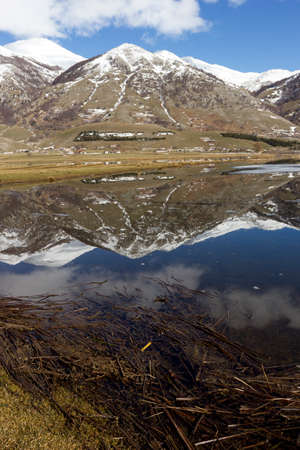 view of frozen mountain lake in matese parkの写真素材
