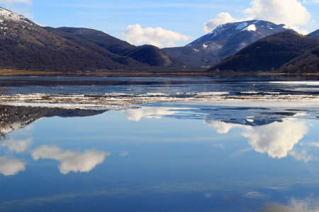 view of frozen mountain lake in matese parkの写真素材
