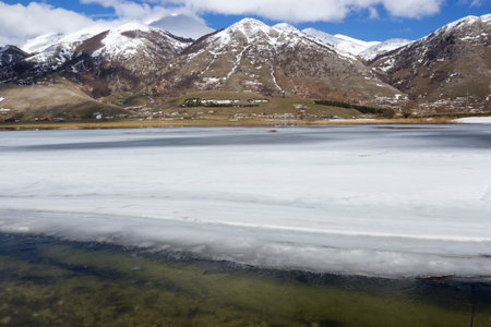 view of frozen mountain lake in matese parkの写真素材