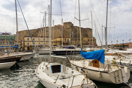 naples castel delil'ovo italy and turistic harbourの写真素材