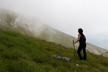 woman hiker on green mountainの写真素材