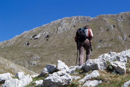 hiker on mountain trail matese gallinolaの写真素材