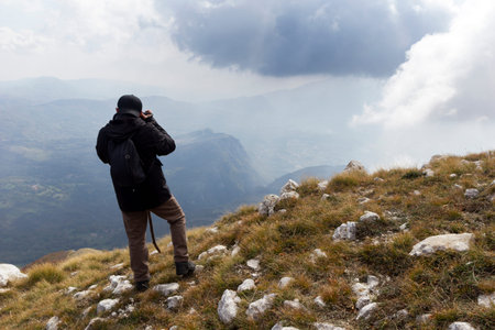 hiker on mountain peak on matese park の写真素材