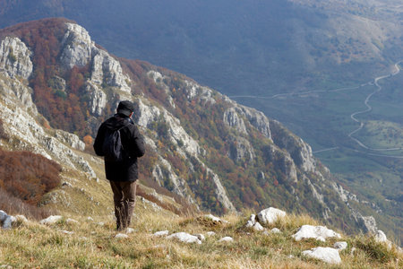 hiker on mountain peak on matese park の写真素材